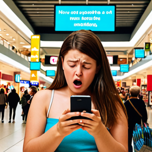 **Indoor navigation nightmare:** A frustrated person in a brightly lit shopping mall, surrounded by confusing signage. The person is holding a smartphone with a navigation app displaying an incorrect location. Lots of other shoppers are visible, adding to the chaos. Emphasis on the feeling of being lost and overwhelmed by technology.