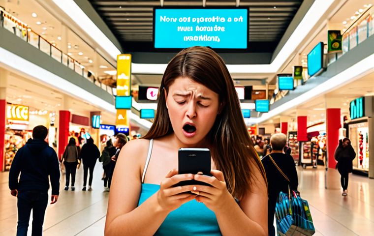 **Indoor navigation nightmare:** A frustrated person in a brightly lit shopping mall, surrounded by confusing signage. The person is holding a smartphone with a navigation app displaying an incorrect location. Lots of other shoppers are visible, adding to the chaos. Emphasis on the feeling of being lost and overwhelmed by technology.