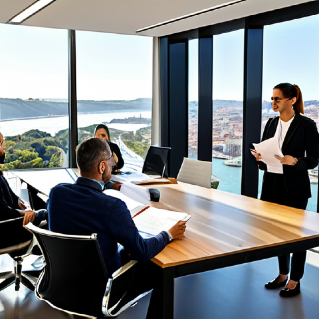 **
"A diverse team of professionals collaborating in a modern, open-plan office in Lisbon. They are gathered around a large table, reviewing documents and discussing ideas. The office features large windows with views of the Tagus River. Everyone is fully clothed in business casual attire, appropriate for a professional environment. Natural lighting, safe for work, perfect anatomy, correct proportions, family-friendly, high-resolution."
**