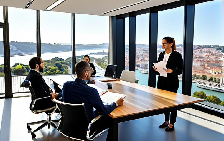**
"A diverse team of professionals collaborating in a modern, open-plan office in Lisbon. They are gathered around a large table, reviewing documents and discussing ideas. The office features large windows with views of the Tagus River. Everyone is fully clothed in business casual attire, appropriate for a professional environment. Natural lighting, safe for work, perfect anatomy, correct proportions, family-friendly, high-resolution."
**