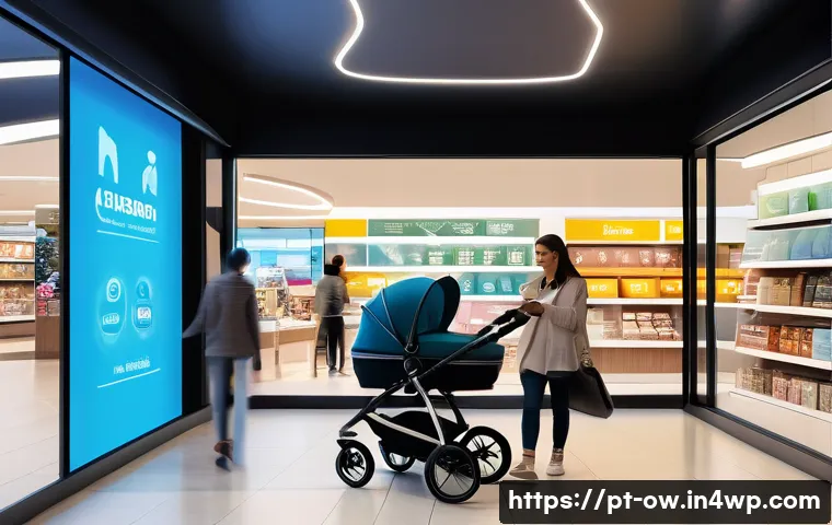 실내 위치 추적 서비스 제공업체 비교 - **A family navigating a modern European shopping mall with augmented reality.**
A cheerful, dive...