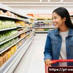 Home 20 상업 공간에서의 실내 위치 추적 기술 활용 - **Prompt:** A vibrant, bustling supermarket scene from a slightly elevated perspective. Shoppers of ...
