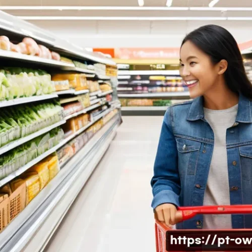 Home 32 상업 공간에서의 실내 위치 추적 기술 활용 - **Prompt:** A vibrant, bustling supermarket scene from a slightly elevated perspective. Shoppers of ...