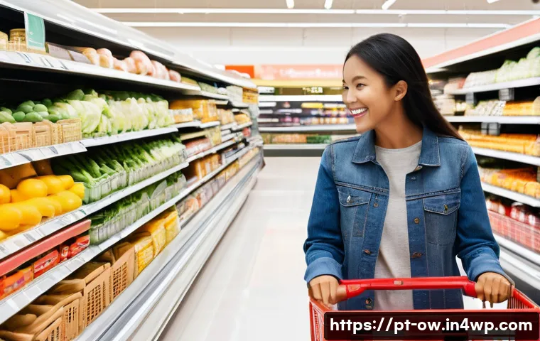 상업 공간에서의 실내 위치 추적 기술 활용 - **Prompt:** A vibrant, bustling supermarket scene from a slightly elevated perspective. Shoppers of ...