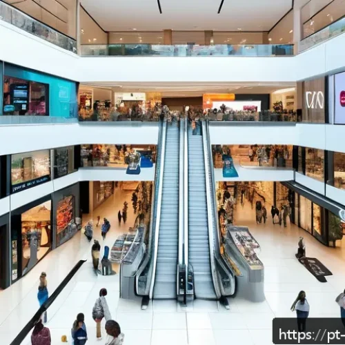 Home 30 실내 위치 추적 기술의 리더십 및 혁신 전략 - A modern Brazilian shopping mall interior bustling with diverse shoppers using smartphones that disp...