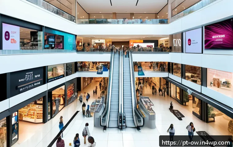 실내 위치 추적 기술의 리더십 및 혁신 전략 - A modern Brazilian shopping mall interior bustling with diverse shoppers using smartphones that disp...