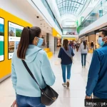 Home 23 실내 위치 추적 기술의 기술적 발전 방향 - A modern indoor navigation system in a large shopping mall, showing diverse people using smartphones...