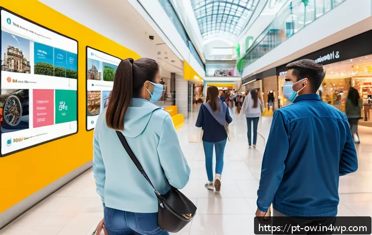 실내 위치 추적 기술의 기술적 발전 방향 - A modern indoor navigation system in a large shopping mall, showing diverse people using smartphones...
