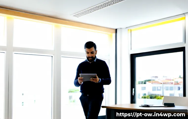 Home 17 실내 위치 추적 기술의 정확도 향상 방법 - Photorealistic modern Lisbon office interior, a facilities engineer holding a tablet with a clean ma...