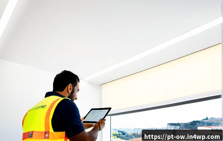 Home 17 실내 위치 추적 시스템 설치 시 주의사항 - Photorealistic indoor positioning system installation in a modern Portuguese office, technician in s...
